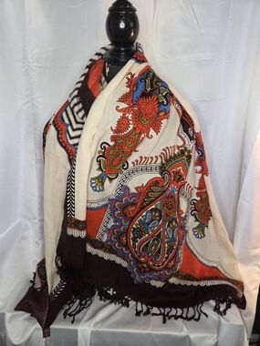 S124. Cream and Orange Paisley Fringe Wrap Scarf Extra Large